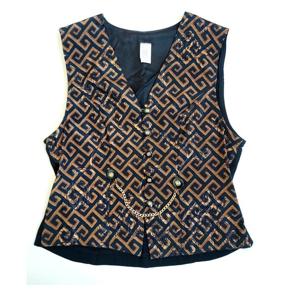 Vintage 1980s Ladies Bronze/Black Retro Graphic Vest W/Chain Size 6P Made in USA - Picture 1 of 4